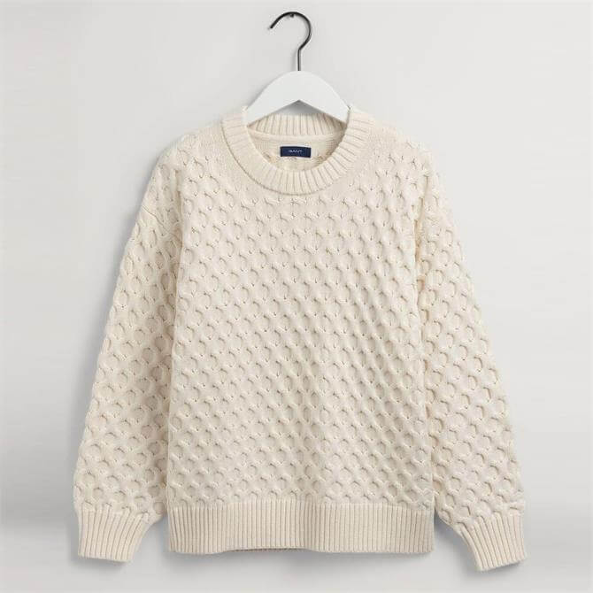 GANT Honeycomb Cable Knit Cream  Round Neck Sweater